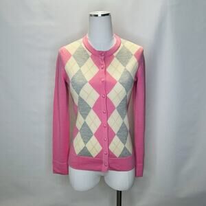 Lilly Pulitzer Merino Wool Pink Argyle Cardigan Sweater Women's Size Small